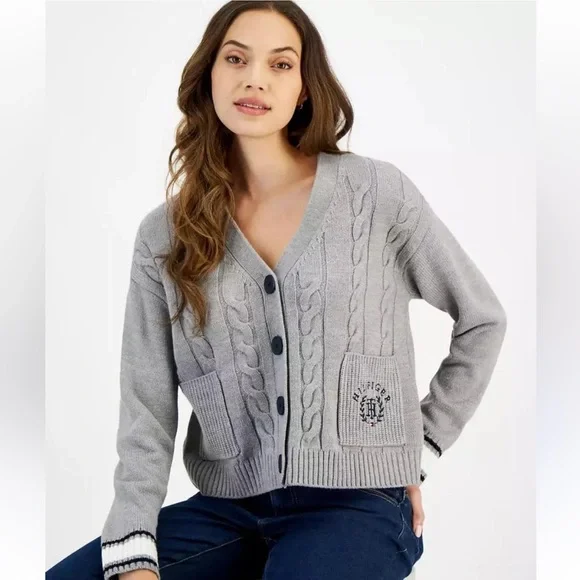 Tommy Hilfiger Women's Gray Cable Cardigan - Picture 1 of 4